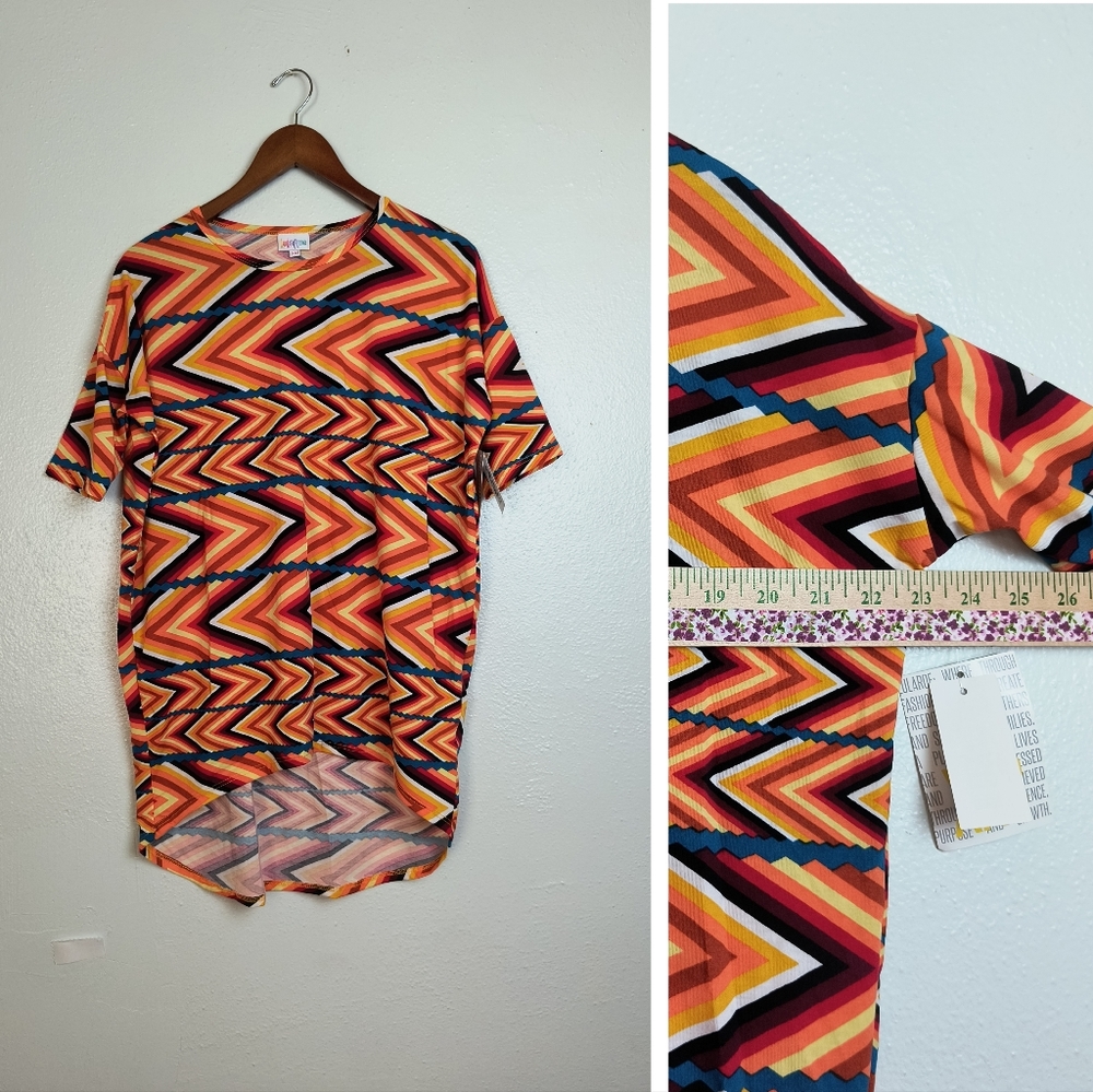 Lularoe Irma Tunic Top Size XXS Stripe Zig Zag Print Multi Orange Sizing